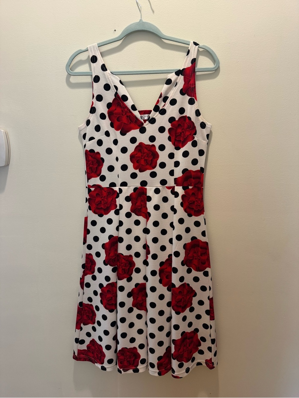 White and black Polka Dot Dress with Red Rose Print 50’s inspired